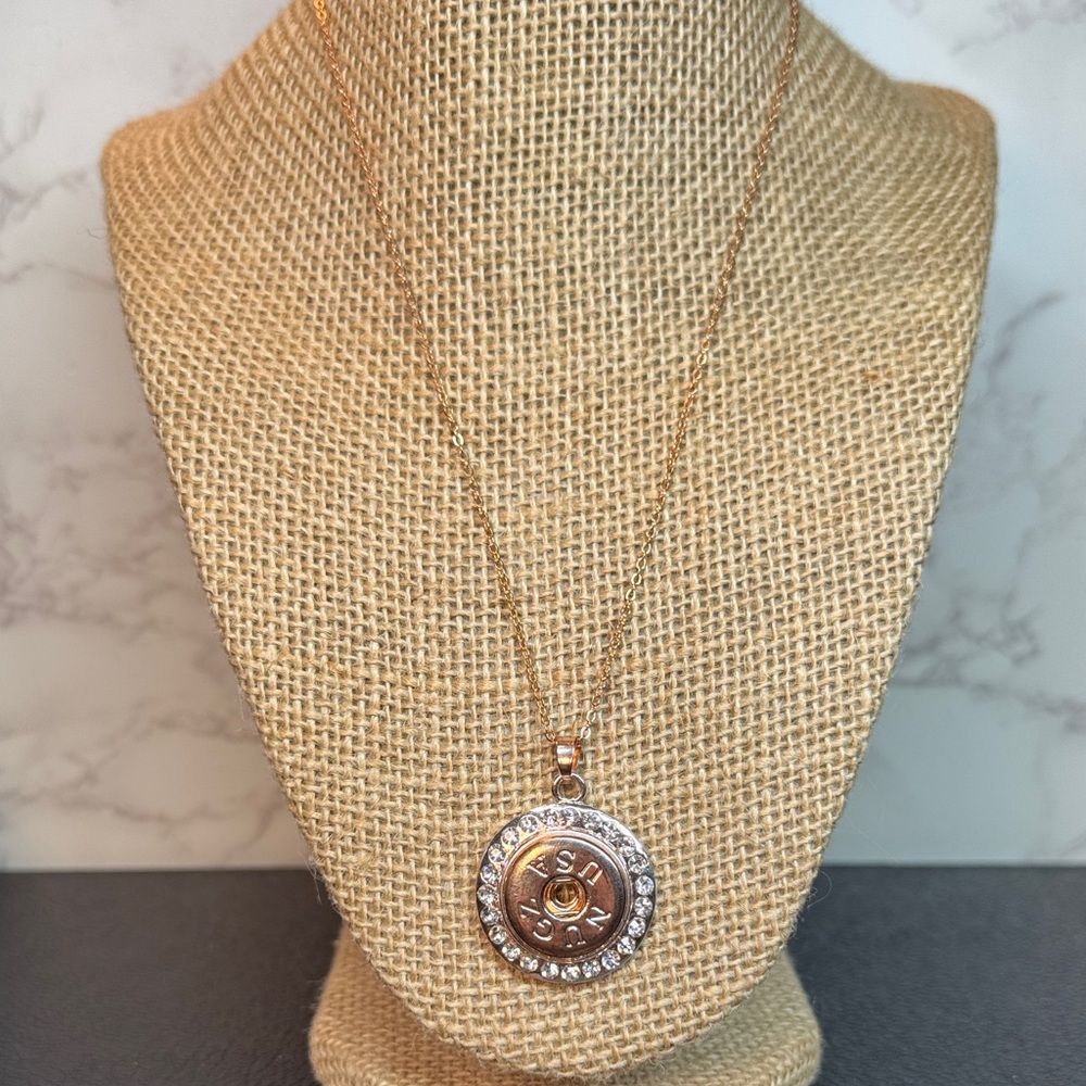 NUGZ USA 20mm Snap Necklace Rose Goldtone with Rhinestone Pendant NWT